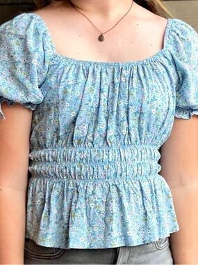 Kingston Light Blue Floral Smocked Puff Sleeve Top